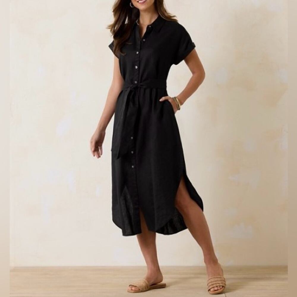 NEW Tommy Bahama Coastalina Linen Maxi Shirt Dress Womens XS Black Minimalist